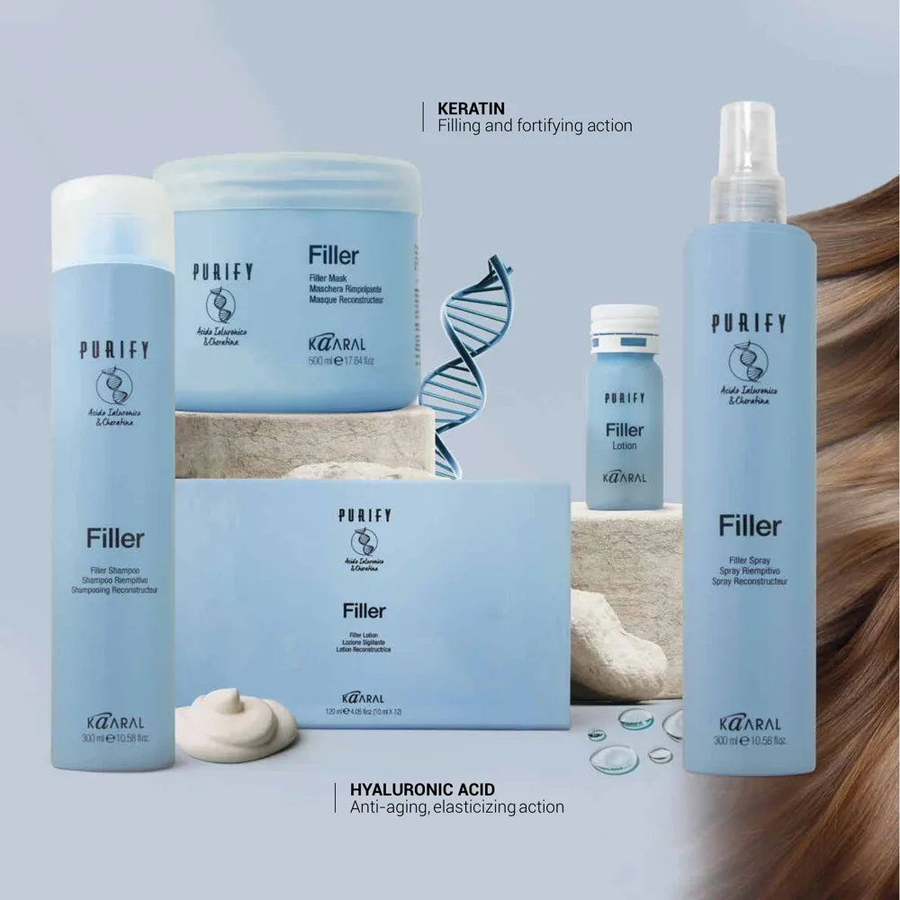 Purify Filler range by Kaaral with Hyaluronic Acid and Keratin: shampoo, mask, spray and lotion.